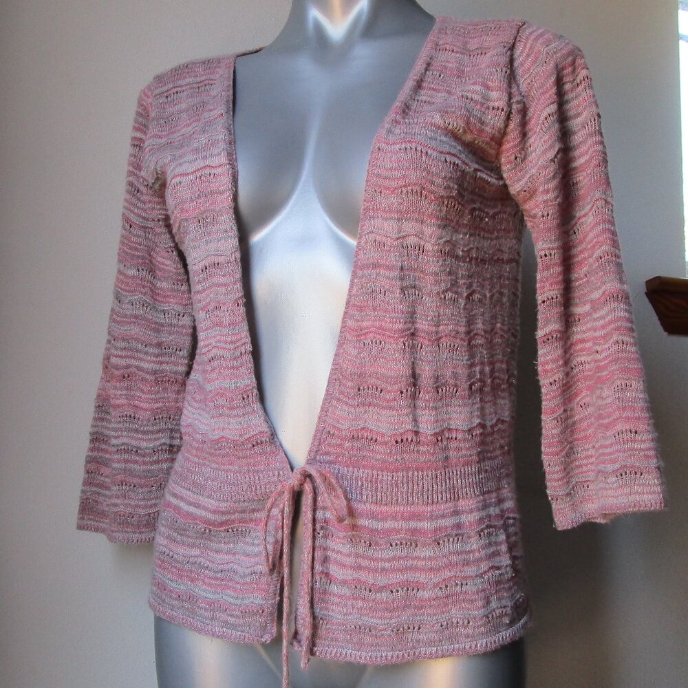 Pink crochet knit cardigan open front, size small